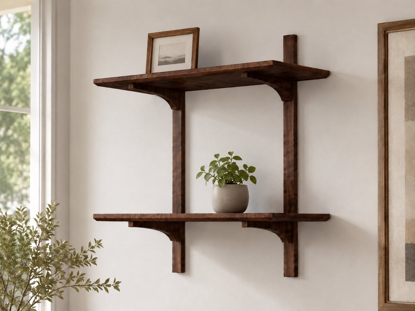 Two-tier hanging wall shelf in walnut by Novelty Woodworks